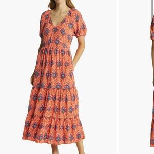 Boden Floral Print Tiered Midi Dress in Floral Poppy Bloom Size US 14